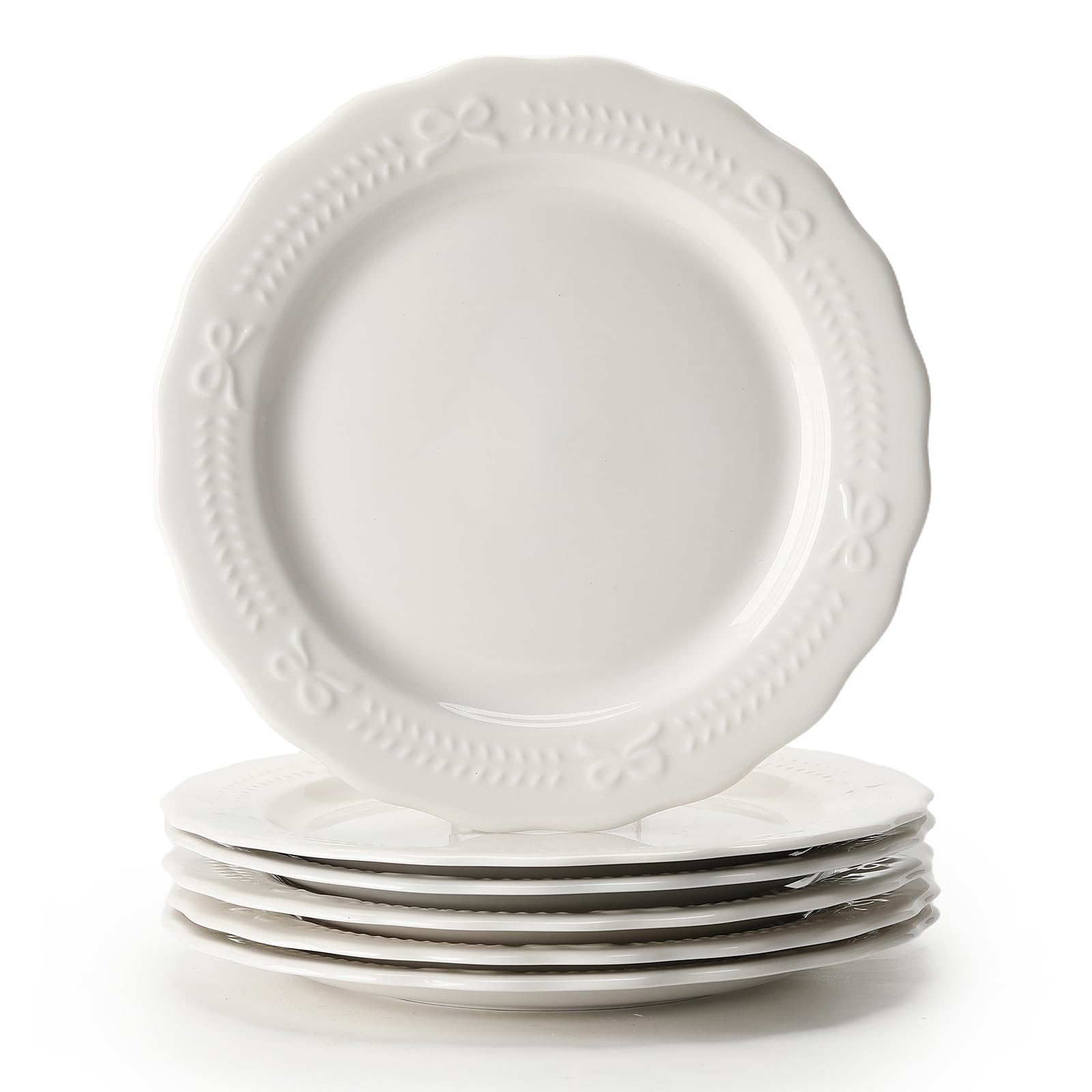ZPPLD 6er Ceramic Dinner Plates 20cm, White Embossed Dessert Plates, Vintage Style Side Plates, Dishwasher & Microwave Safe, Round Serving Plates for Pasta Salad Breakfast