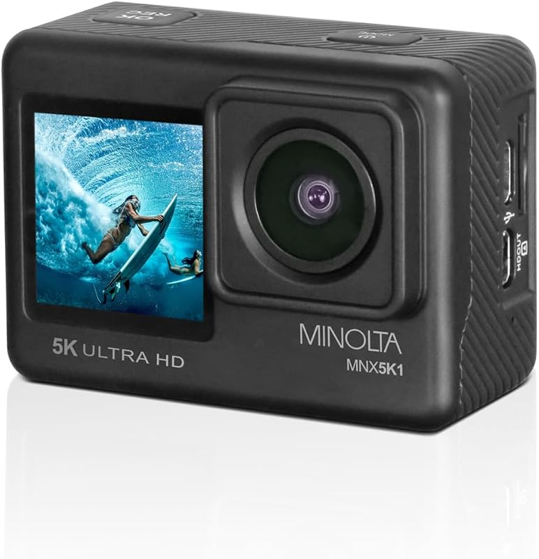 Minolta MNX5K1 5K UHD 24MP WiFi 100FT Waterproof Action/Sports Camera Kit | Features a 170-degree wide-angle lens, dual LCD screens, and a waterproof case rated to 100ft.