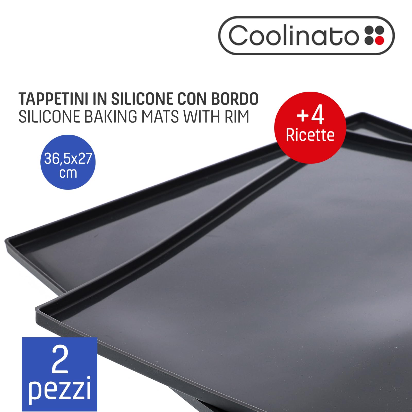 Coolinato - Set di 2 tappetini forno silicone con bordo grigio - Base in silicone platinico ribordata anti-sgocciolamento 36,5x27x1cm resistente al forno fino a 230°C e antiaderente incl. 4 ricette