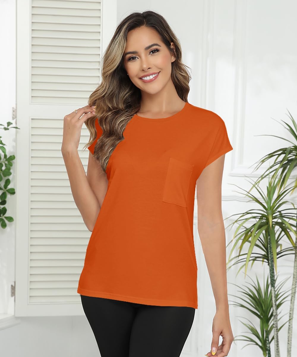 Smile Fish Womens Summer Short Cap Sleeve Shirts Solid Loose Fit Pocket Tunic Tops - Image 2