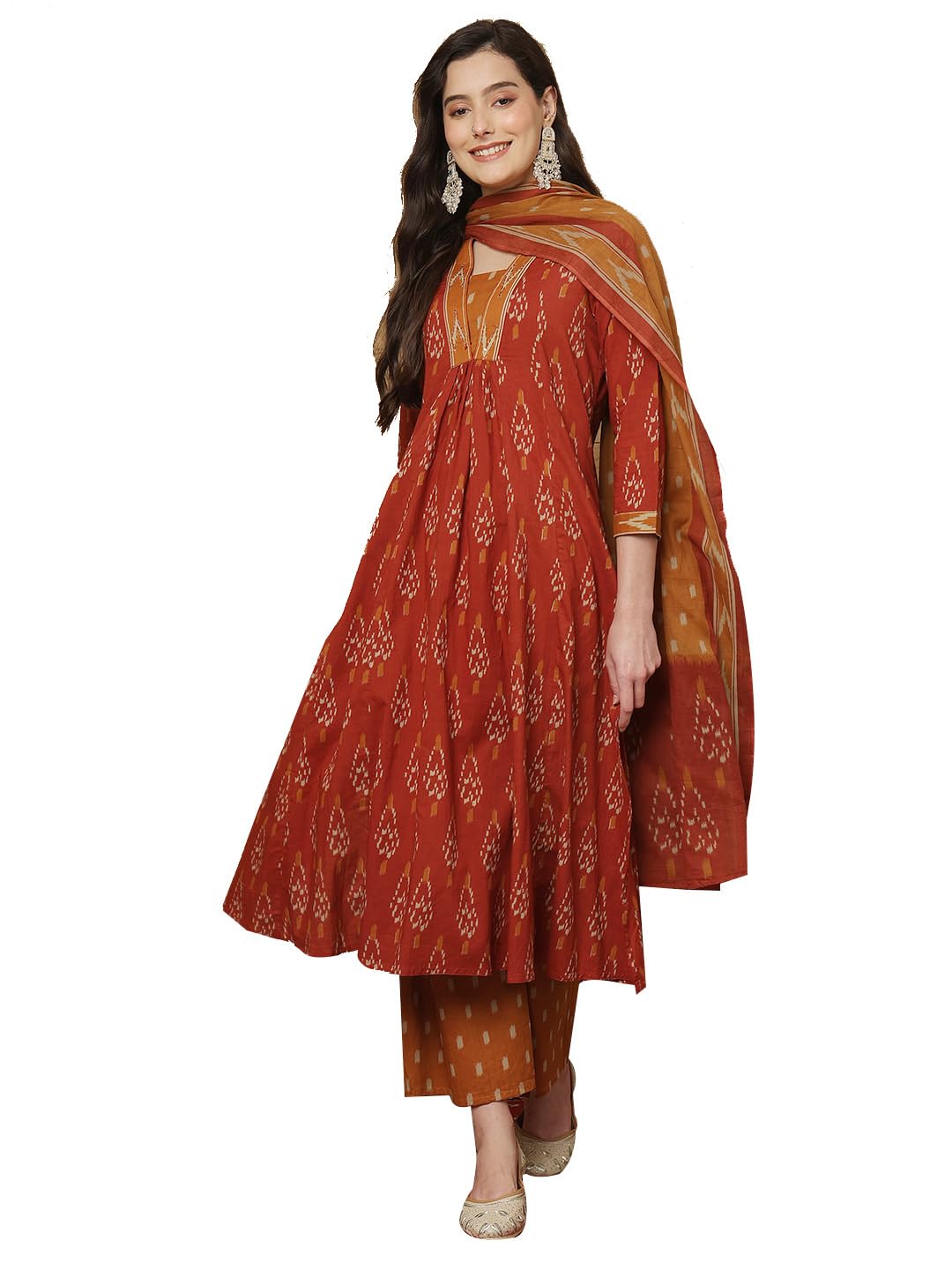 gulmohar jaipur Women's Cotton Calf Length Printed V-Neck Semi-Flared Kurta Suit Set-picture-18