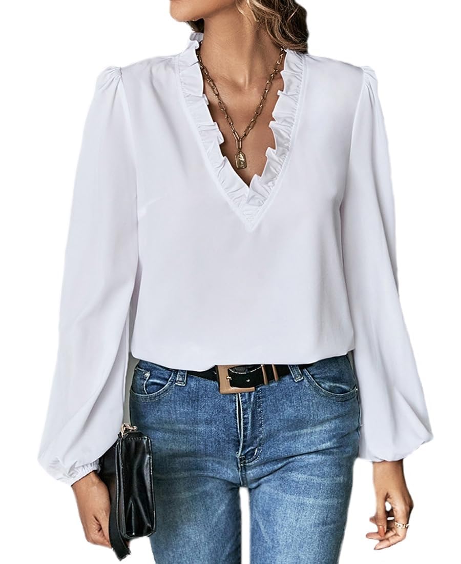 Camicetta Casual in Chiffon con Scollo a V in Pizzo da Donna, Camicia Ampia con Volant Floreale