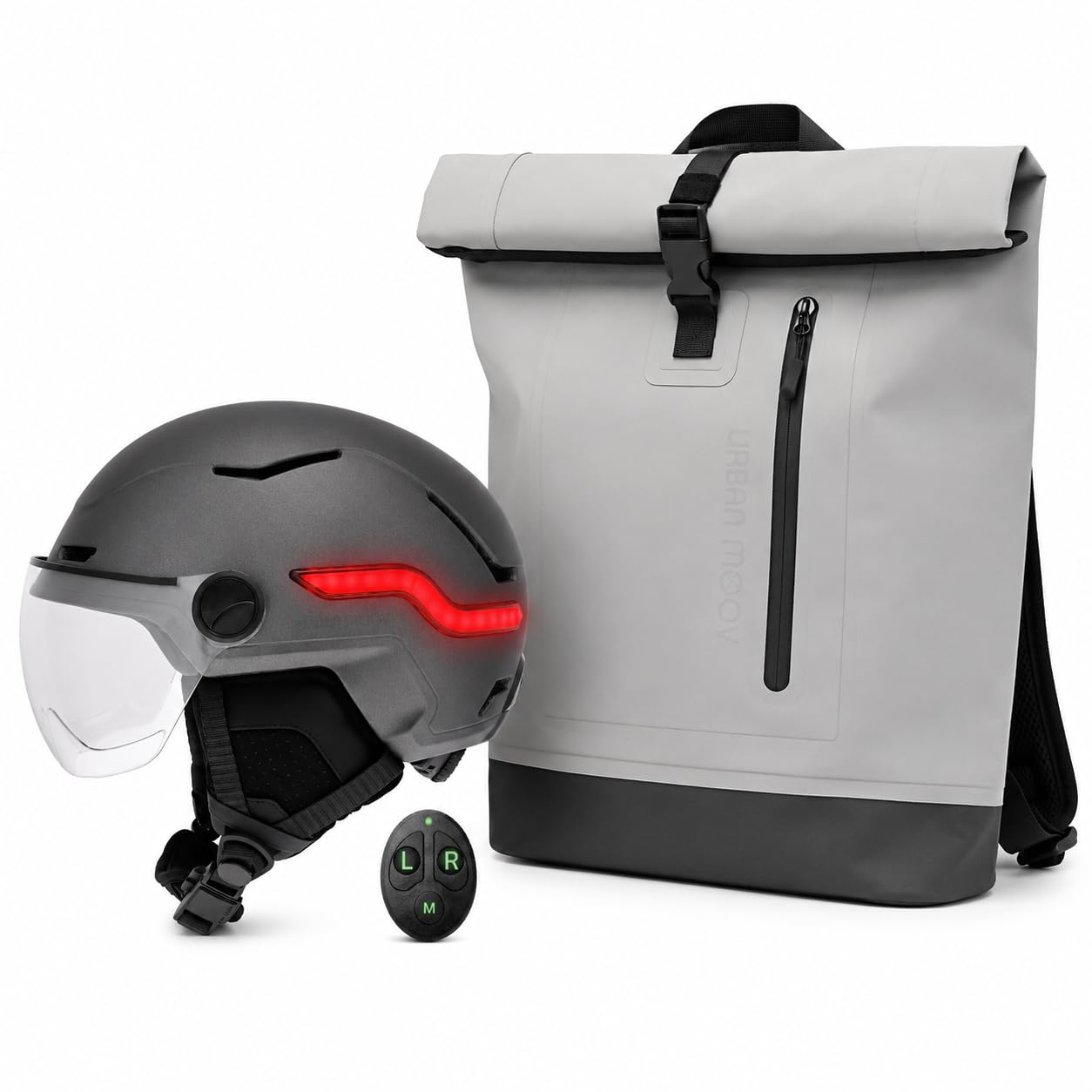 Pack Casque Vélo Connecté avec LED et Clignotants + Sac à Dos Imperméable 25L