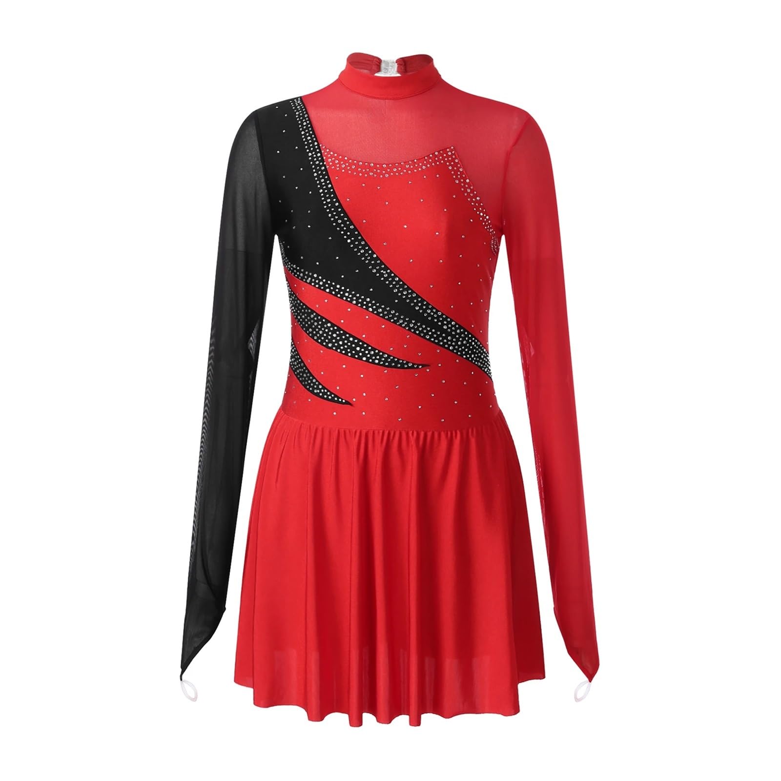 Tanzkleid Damen Eiskunstlaufkleider Performance Strass Ballett Tanz Trikot Kleid Transparentes Netz Langarm Eislaufen Kostüme(Red,S)