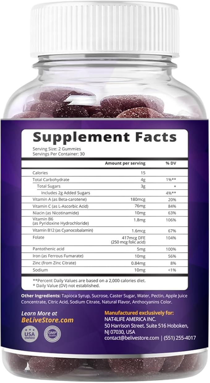 BeLive Hierro con Vitaminas D3 B12 para Energía Apoyo Inmune miniatura 3