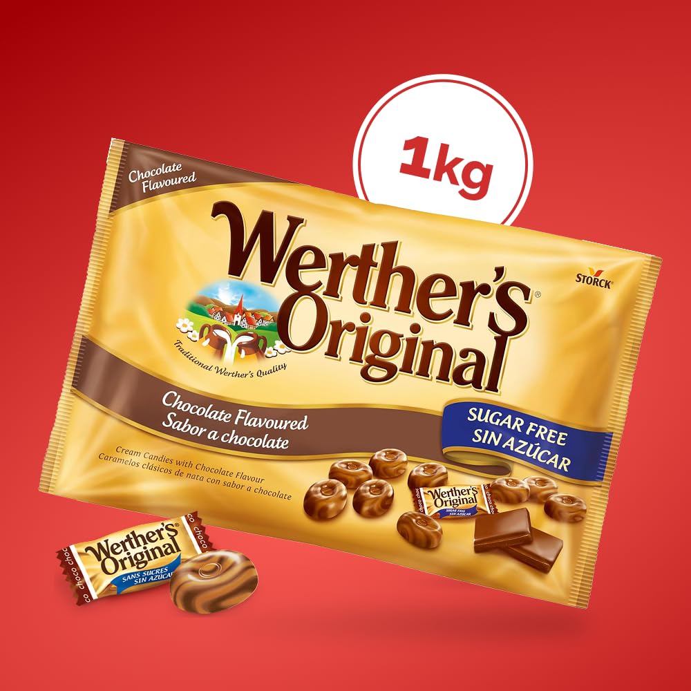 Werther's Original Caramelos Toffee de Mantequilla y Nata con Sabor a Chocolate Sin Azúcar - Bolsa de 1 kg - Sin Gluten y Aptos para Vegetarianos y Diabéticos - Para Compartir y Regalar