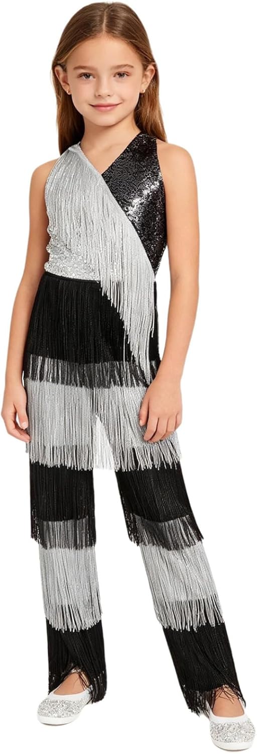 Shinsto Girls Disco Performance Retro Ballroom Overall Latin Jazz Dance Bodysuits Hippie Star Dress-up Sparkle Outfit