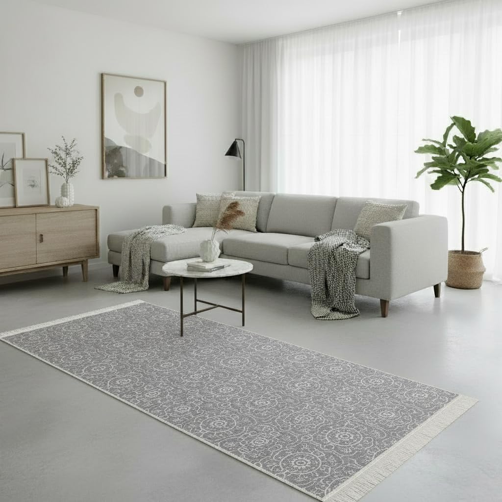 Jimri Teppich Läufer - Tepiche für Wohnzimmer, Schlafzimmer, Küche, Kinderzimmer, Badezimmer - Boho Kelim - Läufer Flur, Hellgrau-Creme, Größe: 80x150 cm