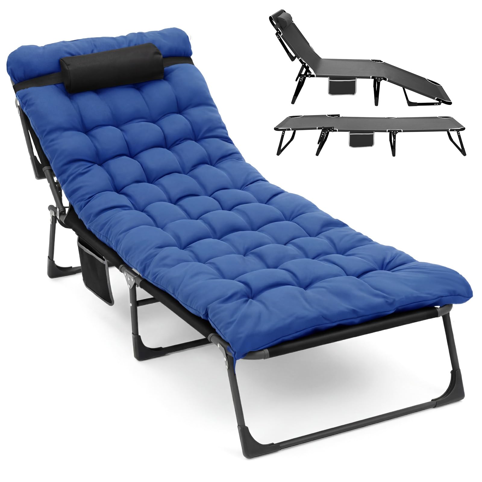 Warmiehomy Übergroße Campingbett, Sonnenliege mit Matratze & Kissen bis 200 kg, 4-Fach verstellbare Rückenlehne, Klappbares Bett, Angelstuhl, Campingbett für Garten, Strand, Sonnenbaden, Reisen, Blau