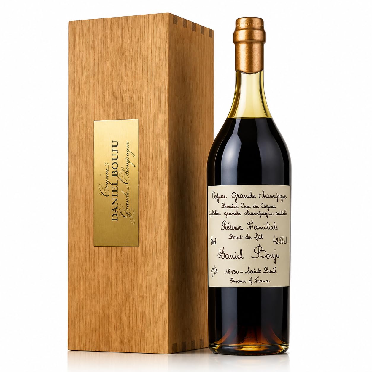 Daniel Bouju | Sélection Familiale Brut de Fût con Cassetta in Legno – Cognac Grande Champagne Premier Cru AOC, Distillato Francese Artigianale, 70 cl, 42,5% Vol.