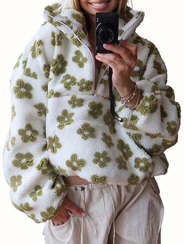Women's Fall Cute Floral Sweatshirt Faux Fur Fleece Pullover Y2k