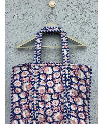 Image of Quilted Cotton Handprinted Reversible Large multicolor Floral Tote Bag,Hand Block Print Shopping Shoulder Carry Bag