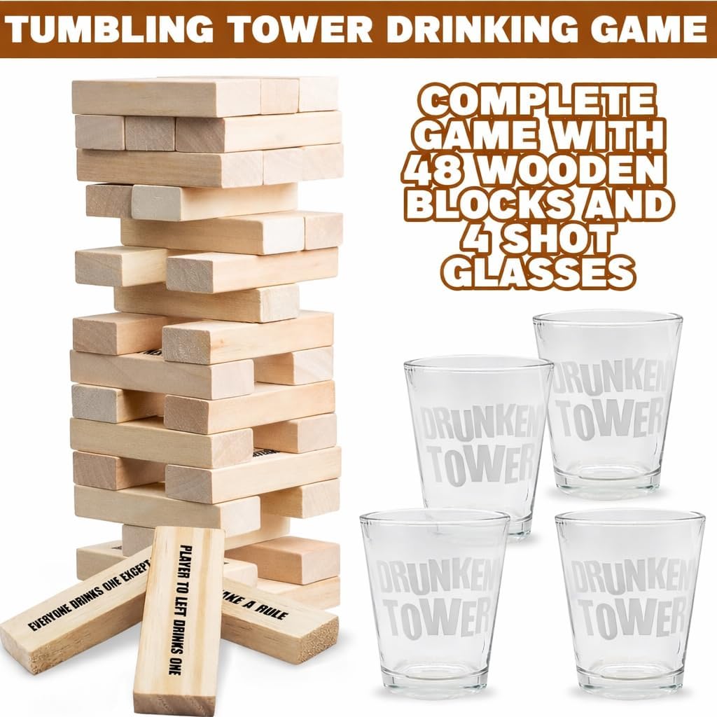 ArtCreativity Tumbling Tower Drinking Games for Adults, with 4 Glasses and 48 Wooden Blocks with Challenges, Fun House Adult Party Games for Game Night, Great Gift Idea for Everyone
