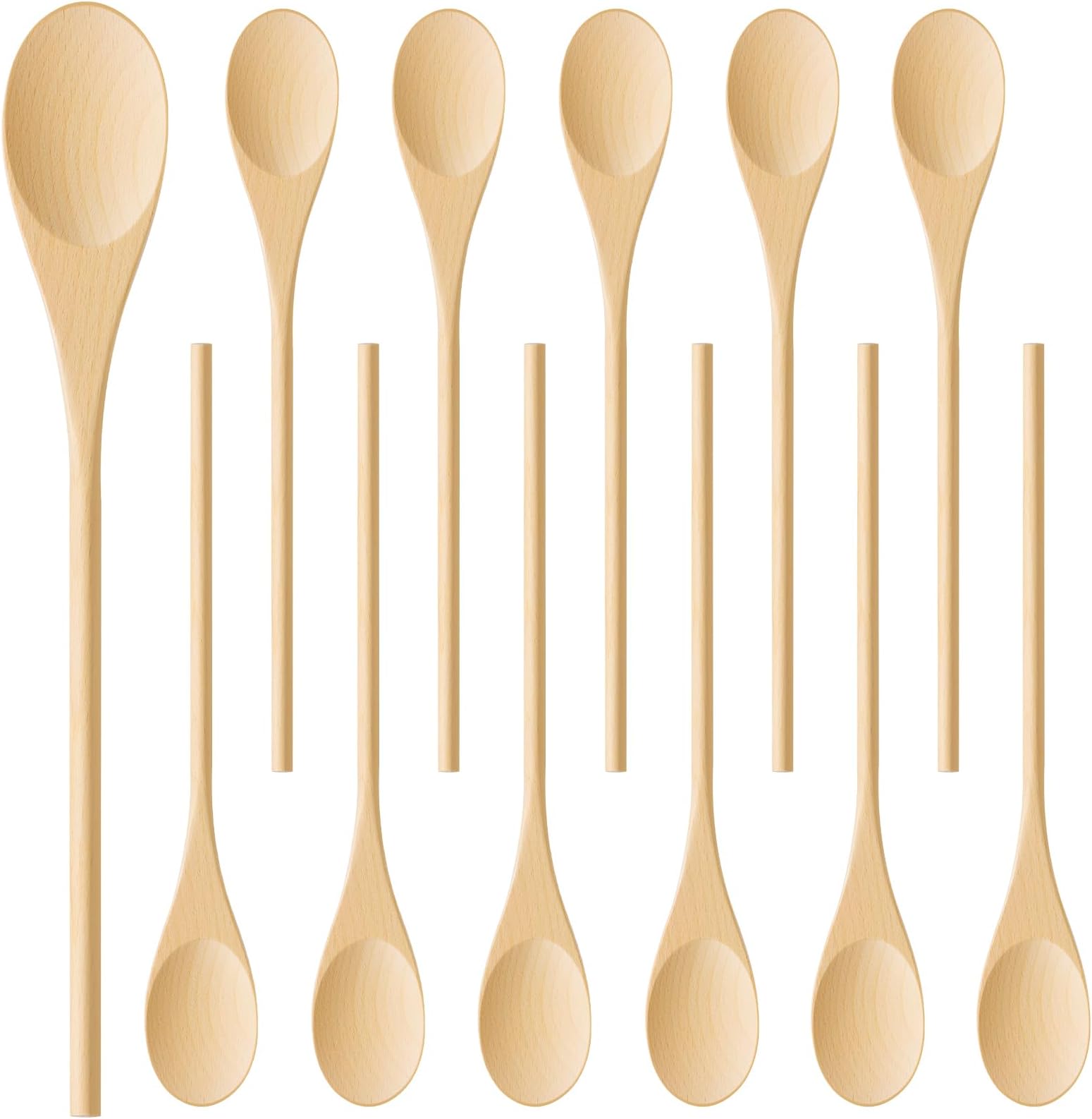 MORGLES 12 Pcs Wooden Spoons for Cooking, 12 Inches Soup Spoons for Eating, Mixing Stirring Tasting Food, Long Handle Wooden Kitchen Utensil for Cooking and DIY