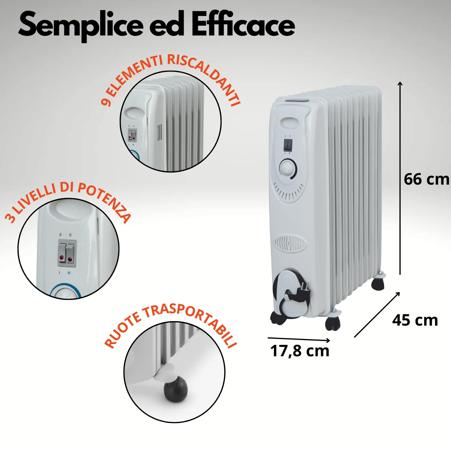 Radiatore ad Olio Elettrico Basso Consumo Efficiente Bianco 9 Elementi 3 Livelli Riscaldamento Termosifone Termostato Regolabile Trasportabile 2000W Protezione Surriscaldamento Silenzioso