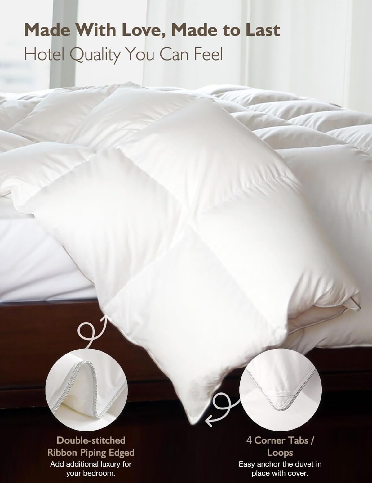 Cobnom® Hotel Luxury Feather Down Comforter Queen Size, Medium Warm All Season Duvet Insert, Silky Soft Egyptian Cotton Blend Cover, Ethically Sourced Feather & Down Filled, 90x90 Inch, White: White -Medium Weight California King