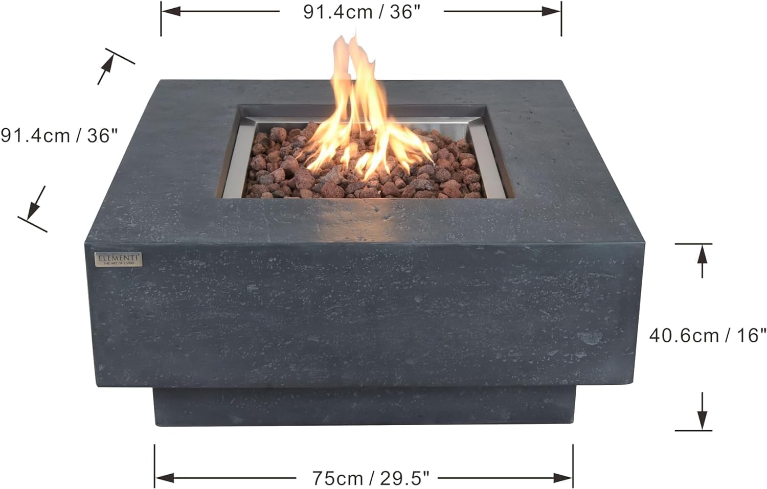 Elementi Manhattan Gas Fire Pit Bundle Concrete Fire Table, Outdoor Fire Pit Electronic Ignition | Canvas Cover, Lava Rock Included | Free AMS Wind Guard | Dark Gray (Natural Gas)