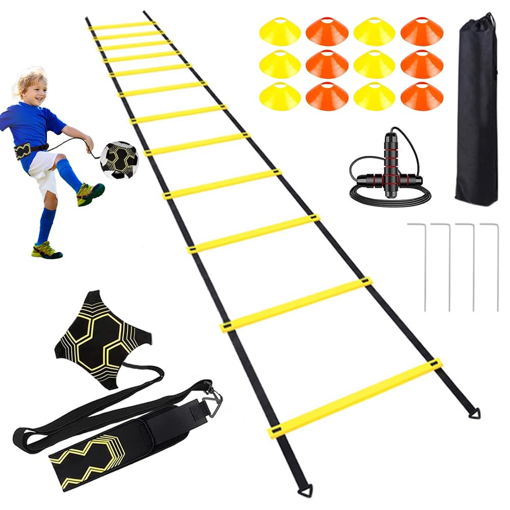 Set di Allenamento E Agilità, Kit Allenamento Calcio Scaletta Calcio, 6 Metri Scala di Allenamento, Scaletta Calcio Allenamento con 12 Coni E 4 Paletti per Allenamento di Coordinazione