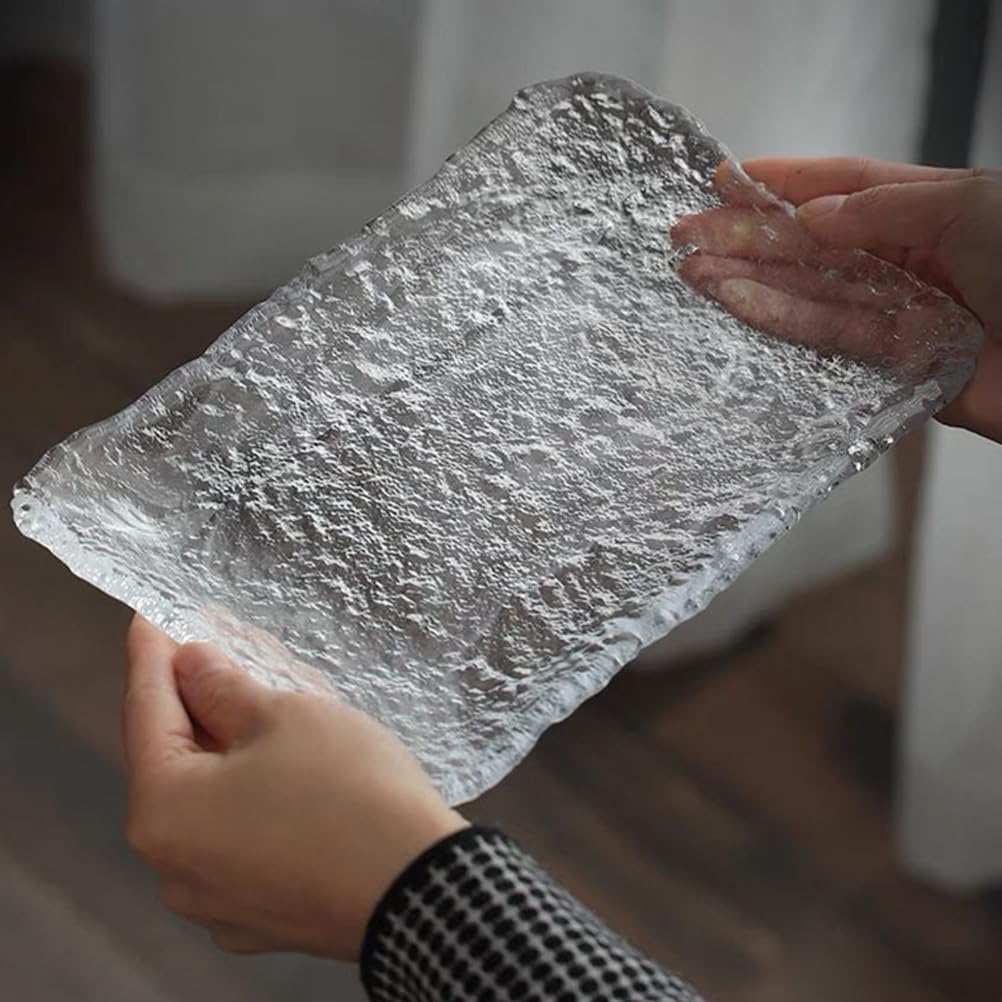 SHOWERORO Glass Serving Plate Embossed Sushi Dish Bathroom Vanity Tray Rectangular Tray for Sashimi Desserts Fruits Snacks Makeup