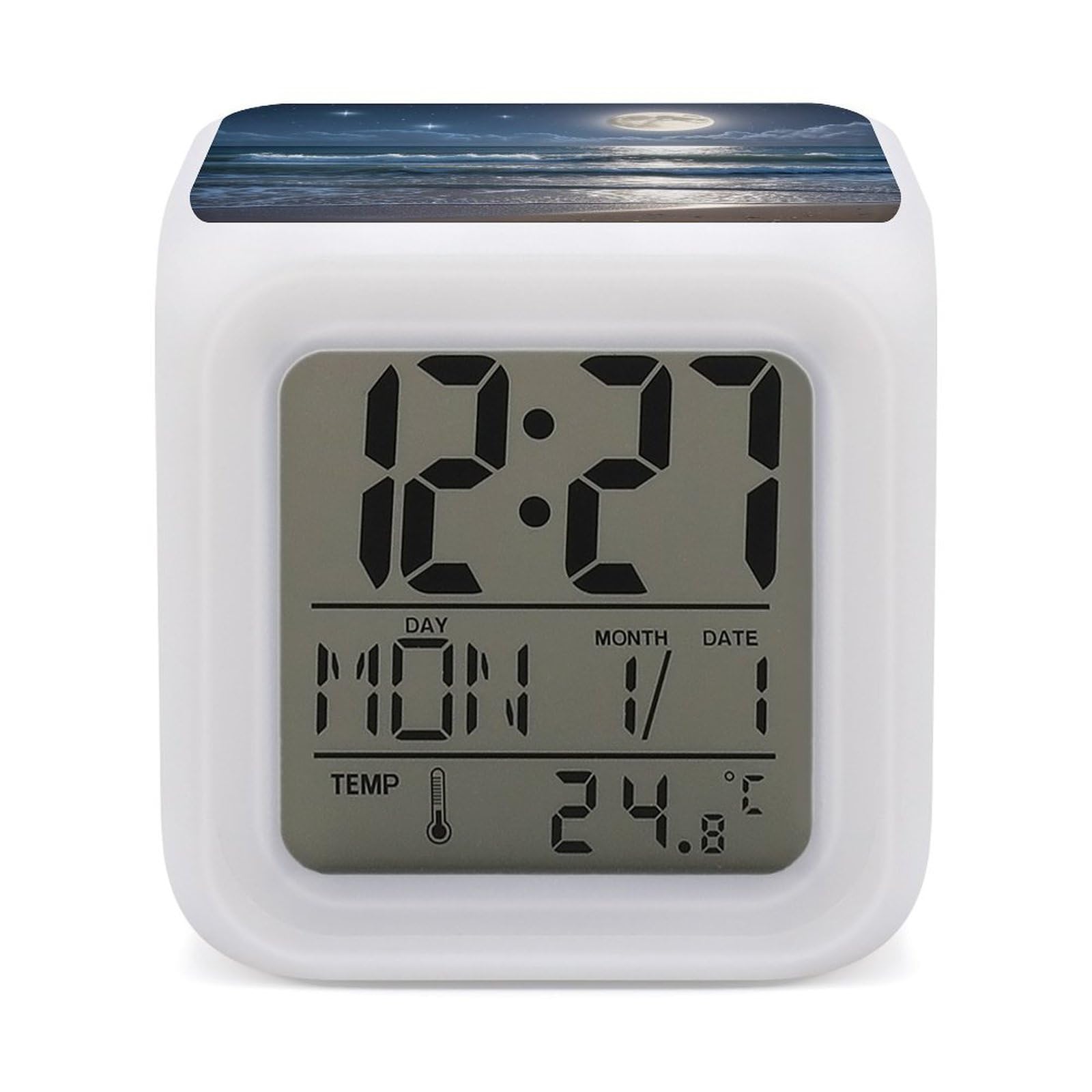 LZQPOEAS Night Ocean Alarm Clock Desk Clock with 7 Color Changing Night Light Digital Clocks with Temperature Display Sleep Training and Sound Machine for Heavy Sleeper
