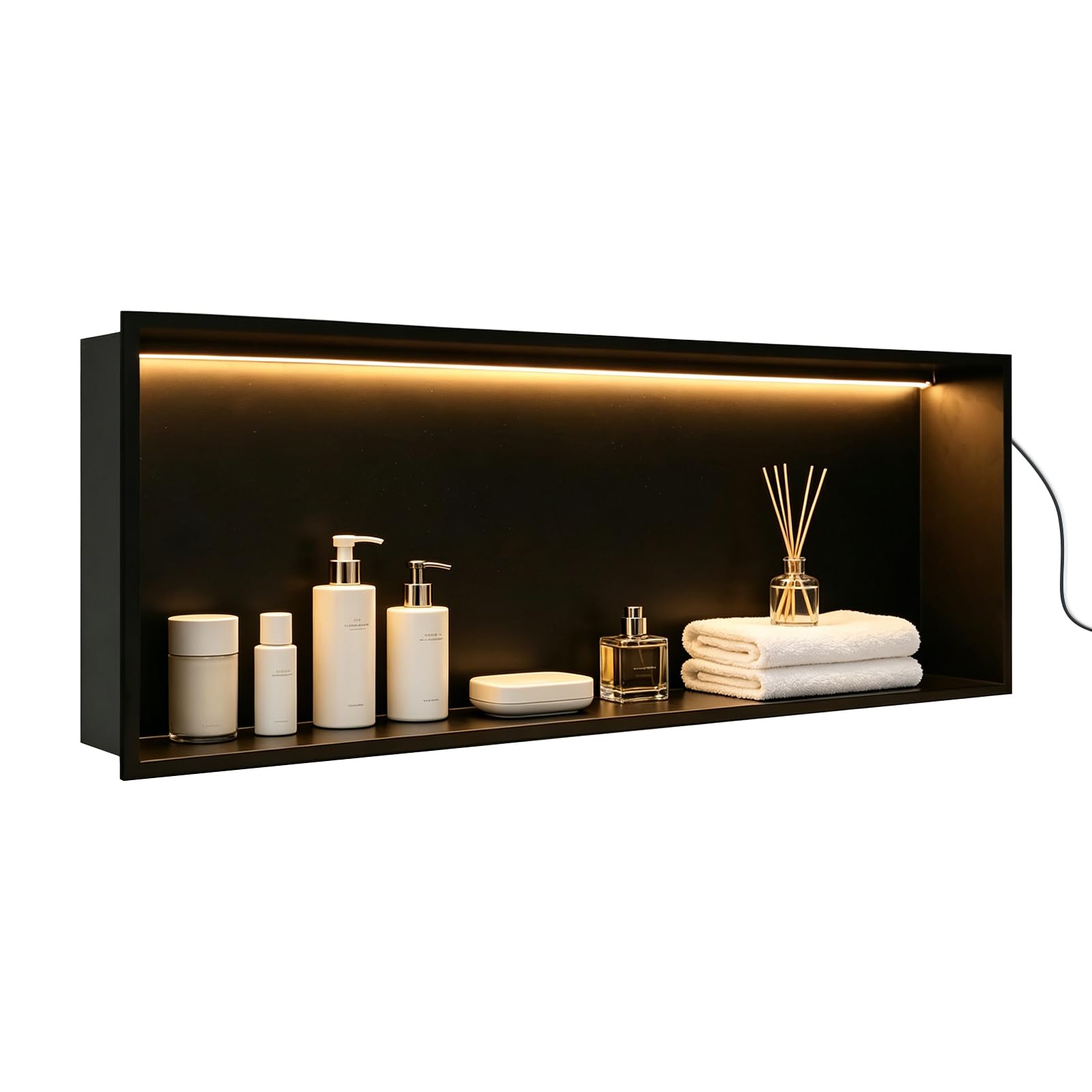 Dwlhap Shower Niche with LED Light, 600 x 300 x 100 mm Stainless Steel Wall Insert, Recessed Shower Shelf with LED Lighting Waterproof Bathroom Storage Black