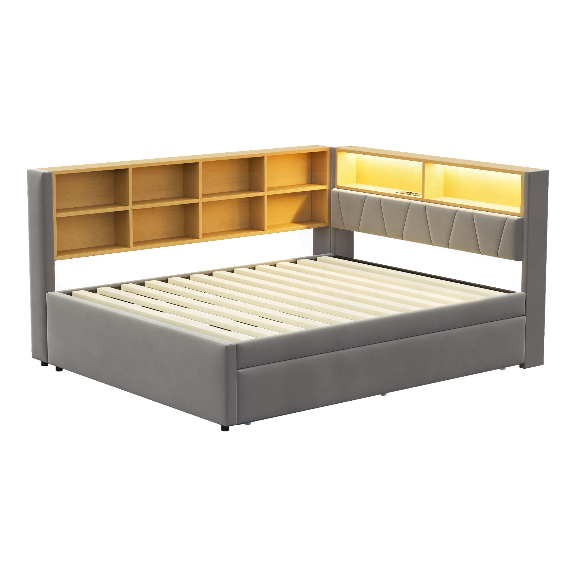 Letto imbottito Daybed 140x200cm, Divano letto con letto estraibile, Letto matrimoniale con luci LED, Prese e scomparti, Divano letto multifunzionale, Telaio del letto, Flanella (Grigio scuro