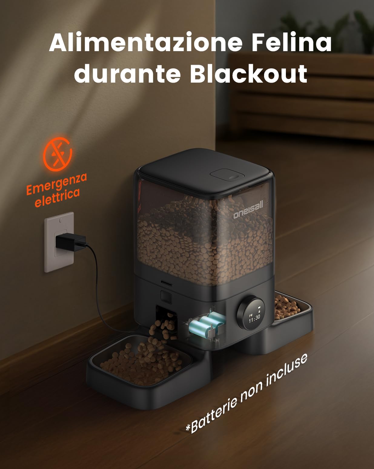 Oneisall Distributore Automatico di Crocchette Standard, 5L per 2 Gatti, per Cibo Secco, Ciotola in Acciaio Inox 304, Programmabile 1-6 Pasti al Giorno per Cani e Gatti, Nero
