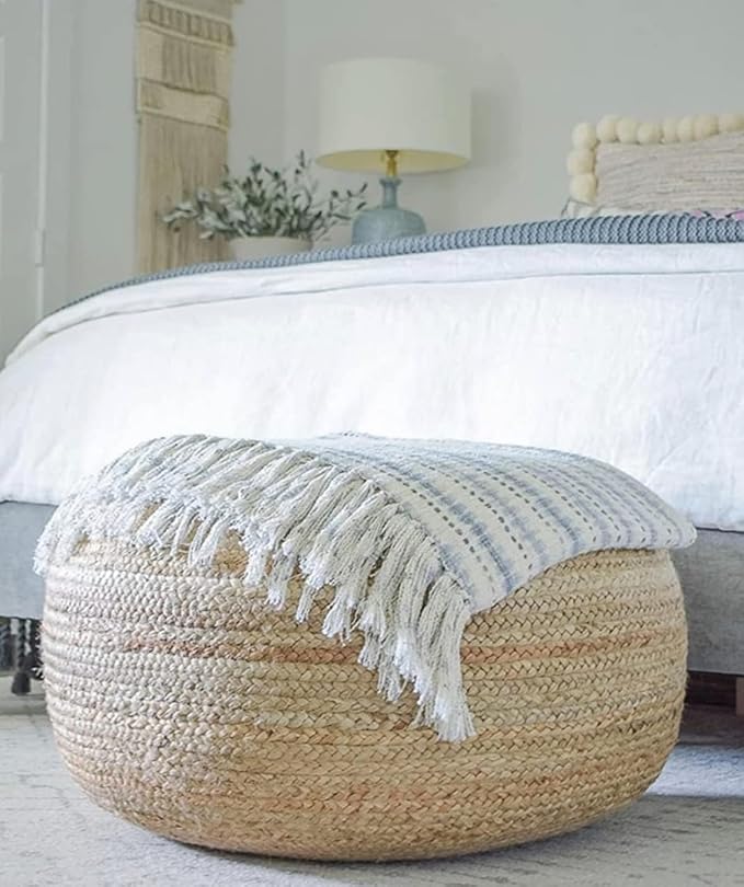 Round Jute Pouf Ottoman, Handwoven Floor Cushion with Fringe Throw, Natural Beige-image-31