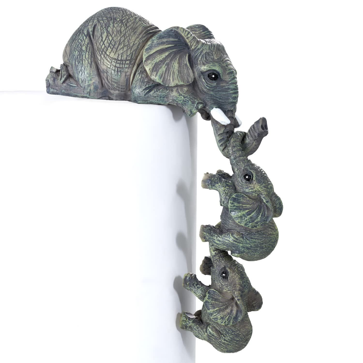 SA Products Elephant Ornaments Set of 3 - Mother Elephant Figure Sitter with 2 Hanging Baby Elephants - Decor for Shelf, Office, Family Room, Bedroom - Hand Painted Resin Statue for Windowsill, Shelf