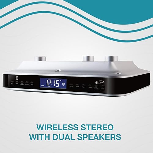 Miniatura 6 de iLive - Altavoz Bluetooth estéreo inalámbrico bajo el mostrador, reloj despertador digital, temporizador de cocina, altavoces HD duales, pantalla