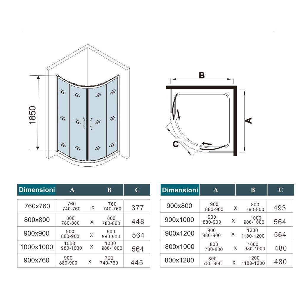 185 cm Box Doccia Semicircolare Porte Scorrevoli Vetro Temperato 6 mm Trasparente Anticalcare Telaio Cromato Lucido 80x80 cm