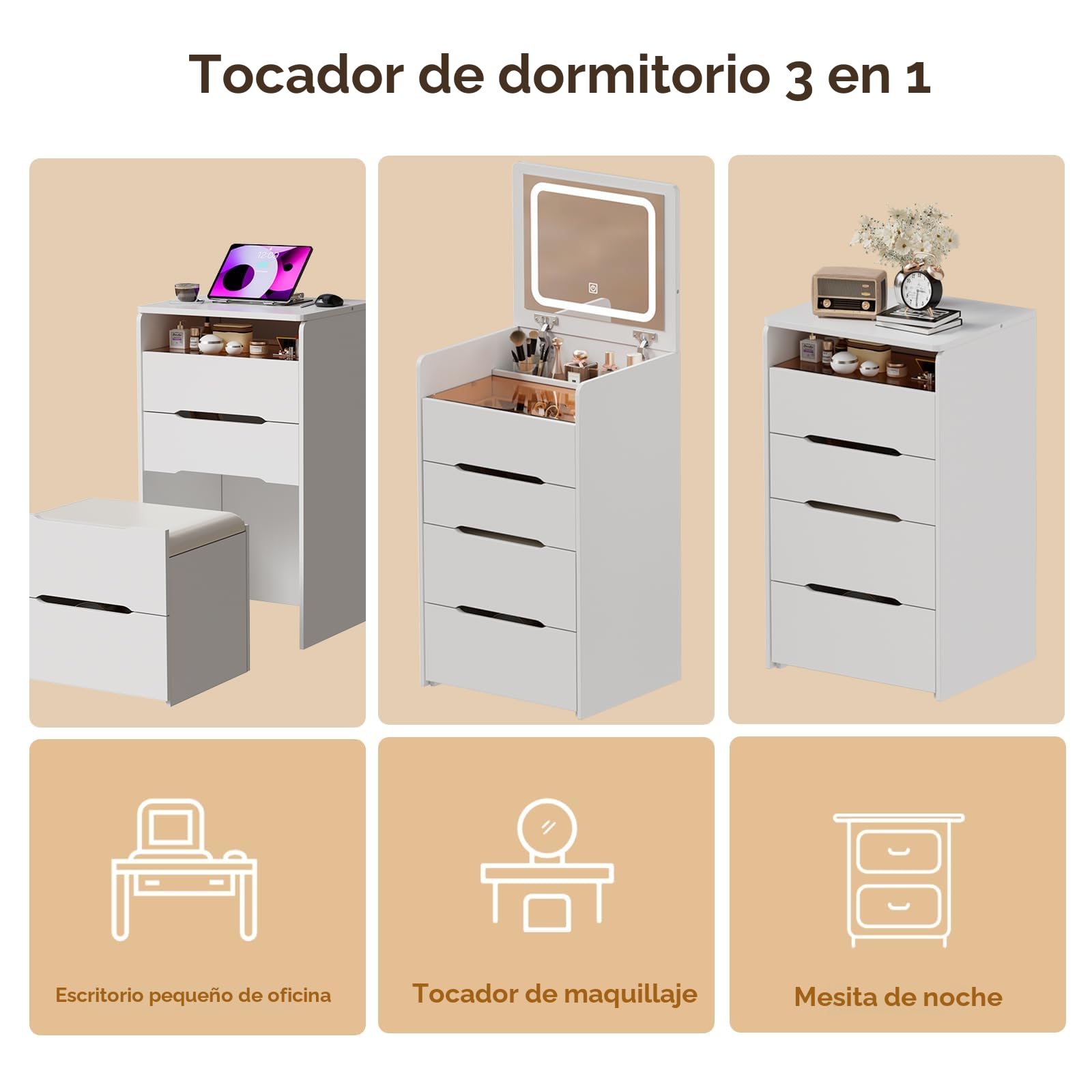 MSFE Tocador 3 en 1 con Espejo abatible Toca-dor con Luces LED de Brillo Escritorio de tocador con Escritorio de Vidrio Visible, Compacto con 3 cajones,Taburete Acolchado Tocado para Dormitorio
