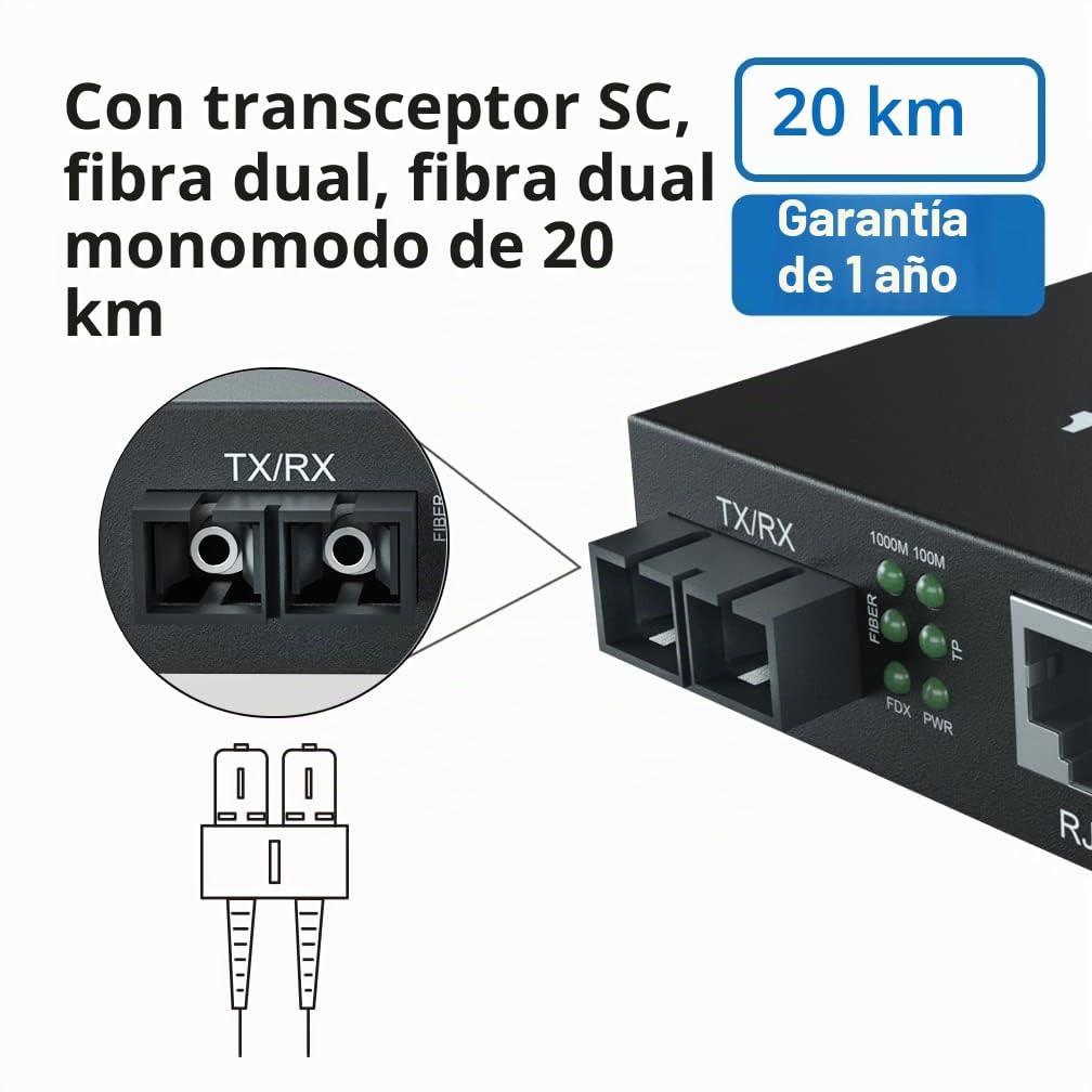 [2 Pack] Convertidor de medios Gigabit Ethernet, Built-in 1Gb Monomodo SC Transceiver, 10/100/1000M RJ45 a 1000Base-LX, European Power Adapter, 2pcs