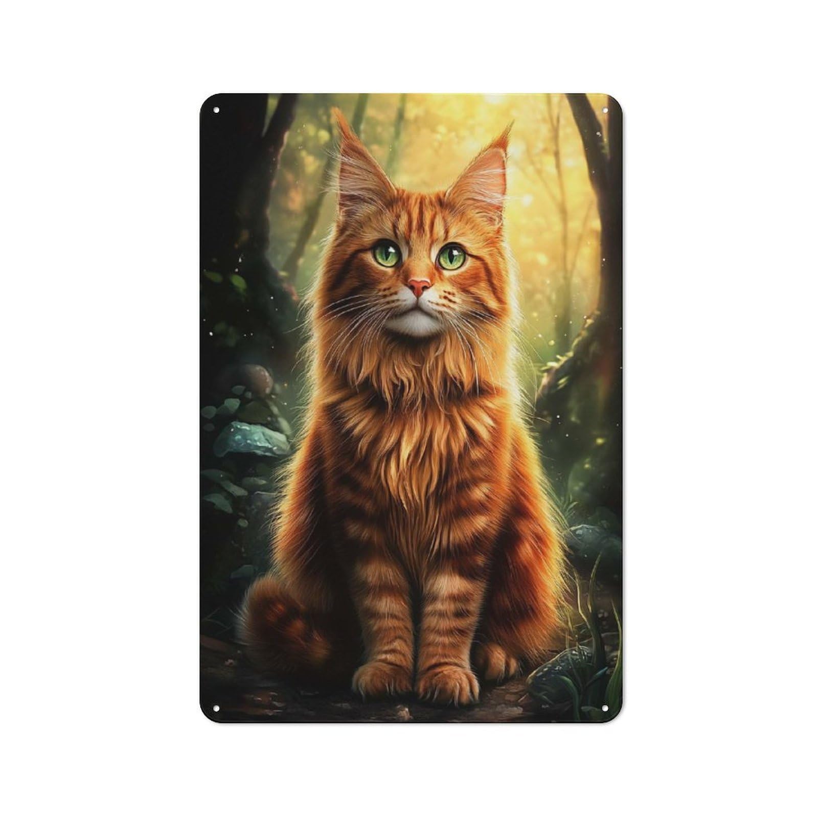 Junmoney Style-6 Metal Wall Sign With Norwegian Forest Cat In Forest Design 30X20cm, Loft Style Studio Wall Art For Flat, Bar, Studio Or Gallery Wall