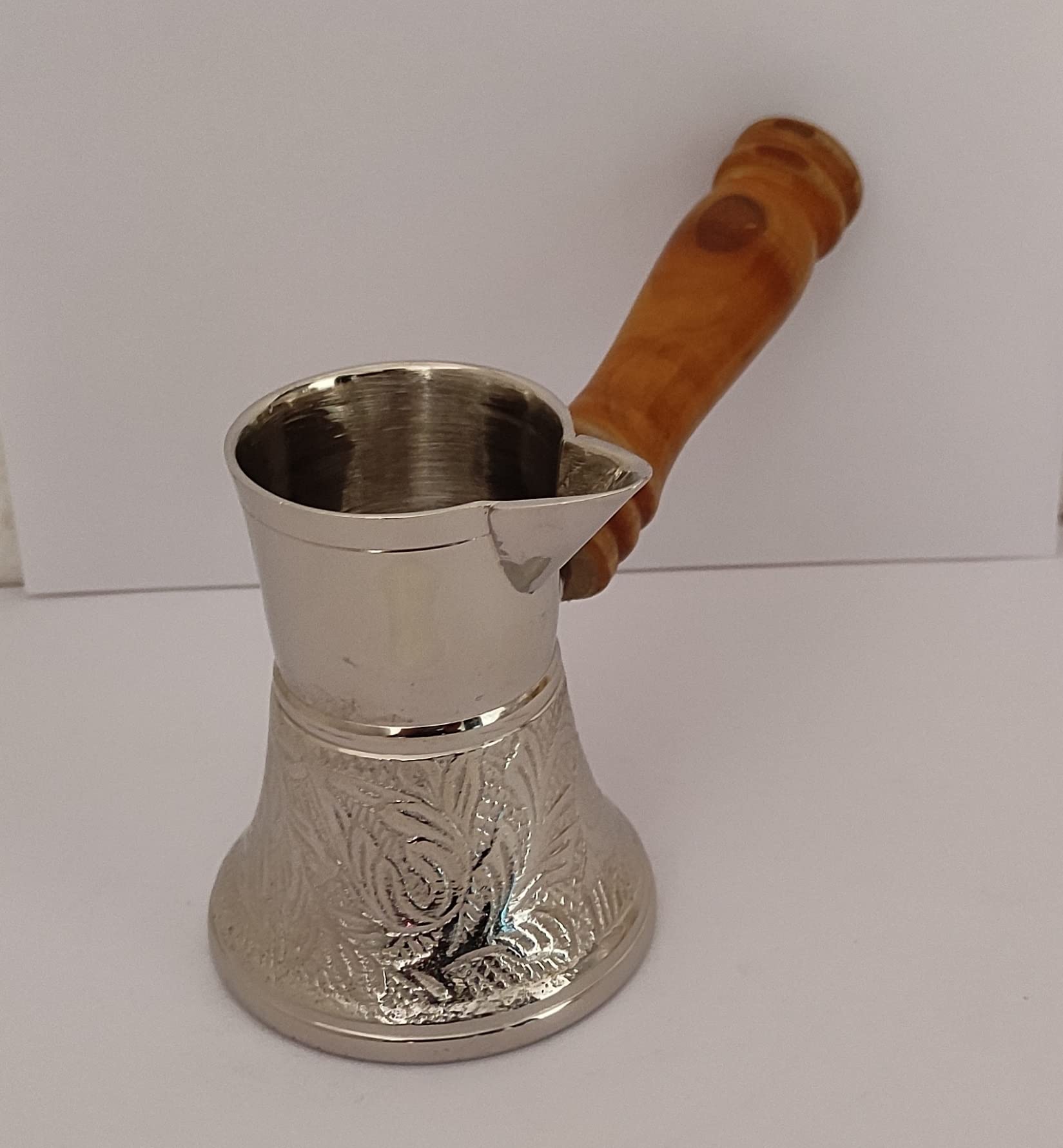 Sharvgun Tureckie greckie liście arabskie srebrny odcień mosiężny dzbanek do kawy płyta kuchenna ekspres do kawy Cezve Ibrik Briki z drewnianym uchwytem 140 ml