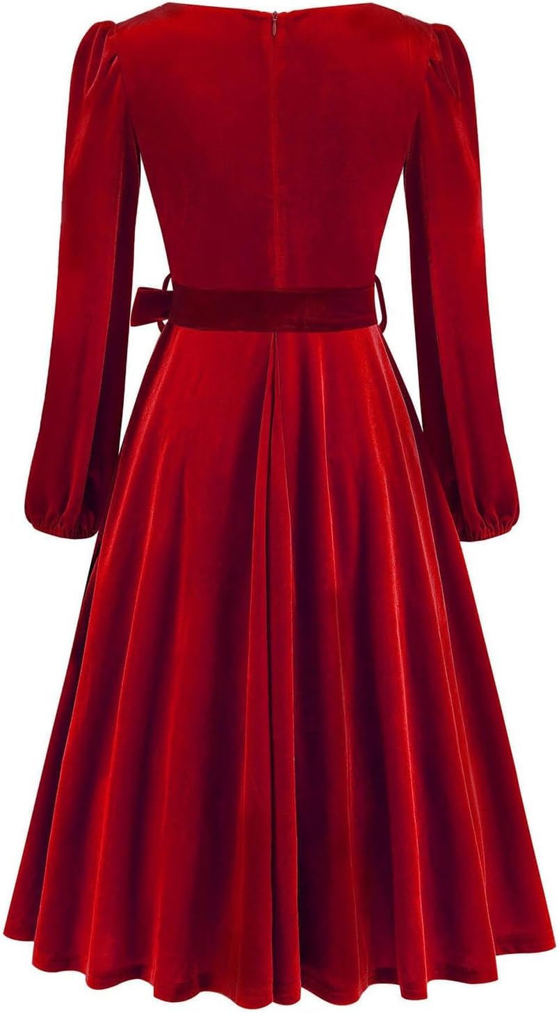 Women's Cocktail Dresses Puff Long Sleeve Vintage Wedding Guest Dress Solid Color Formal Swing Dress with Bow Belt