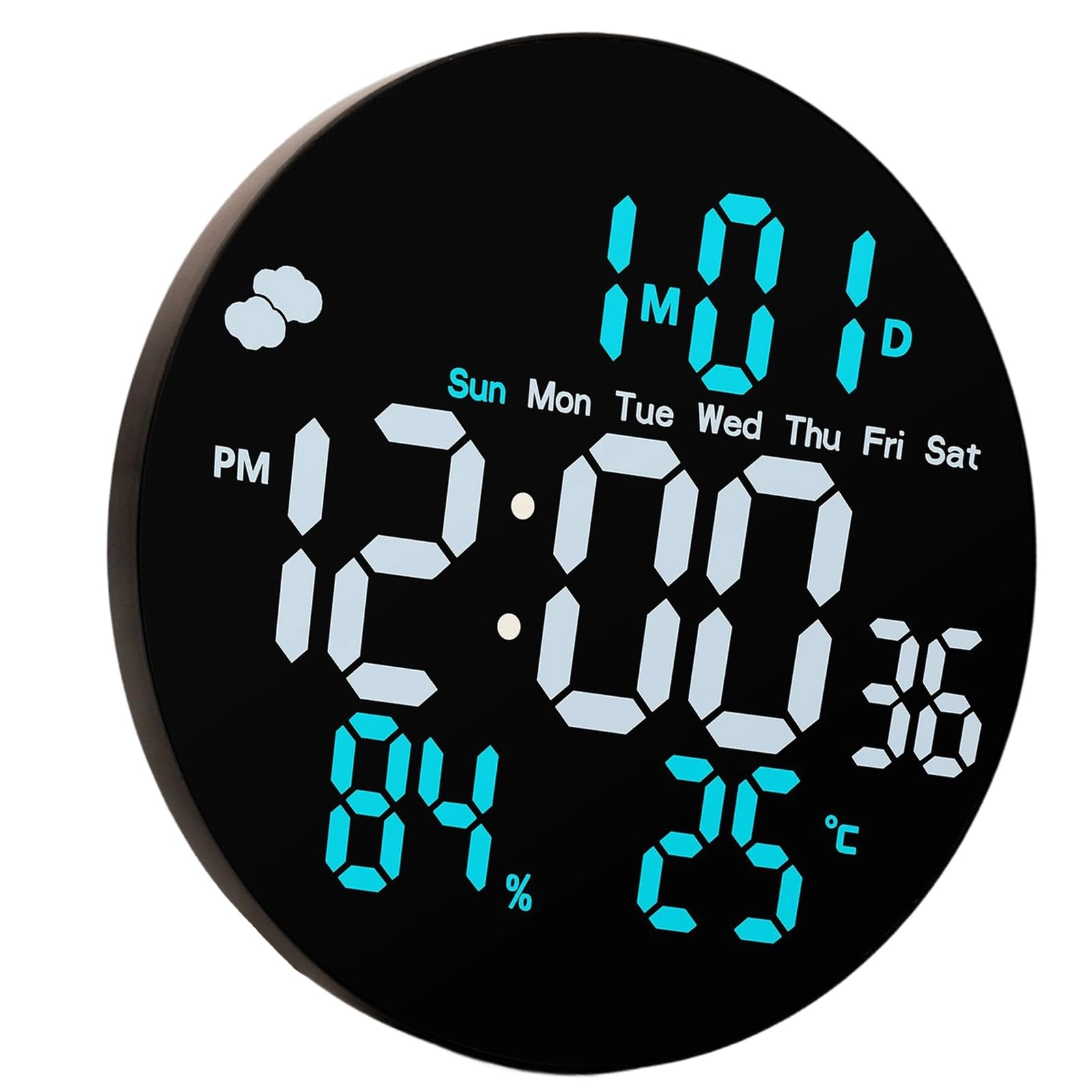 Buxuaaaa Black And Blue Modern Led Calendar Clock With Humidity Detection, Customizable Alarms, 24H Format & Dimming Multifunctional Digital Wall Clock With Led Display