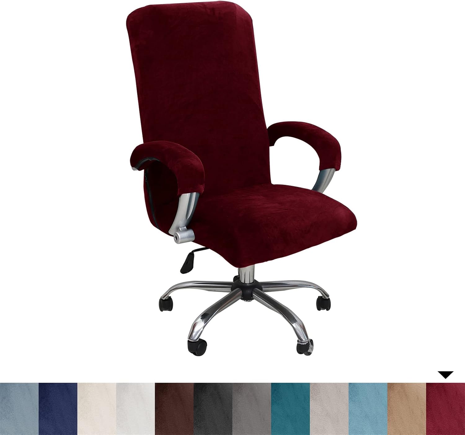 Velvet Plush Office Desk Chair Cover, Wine Red, XL image 2