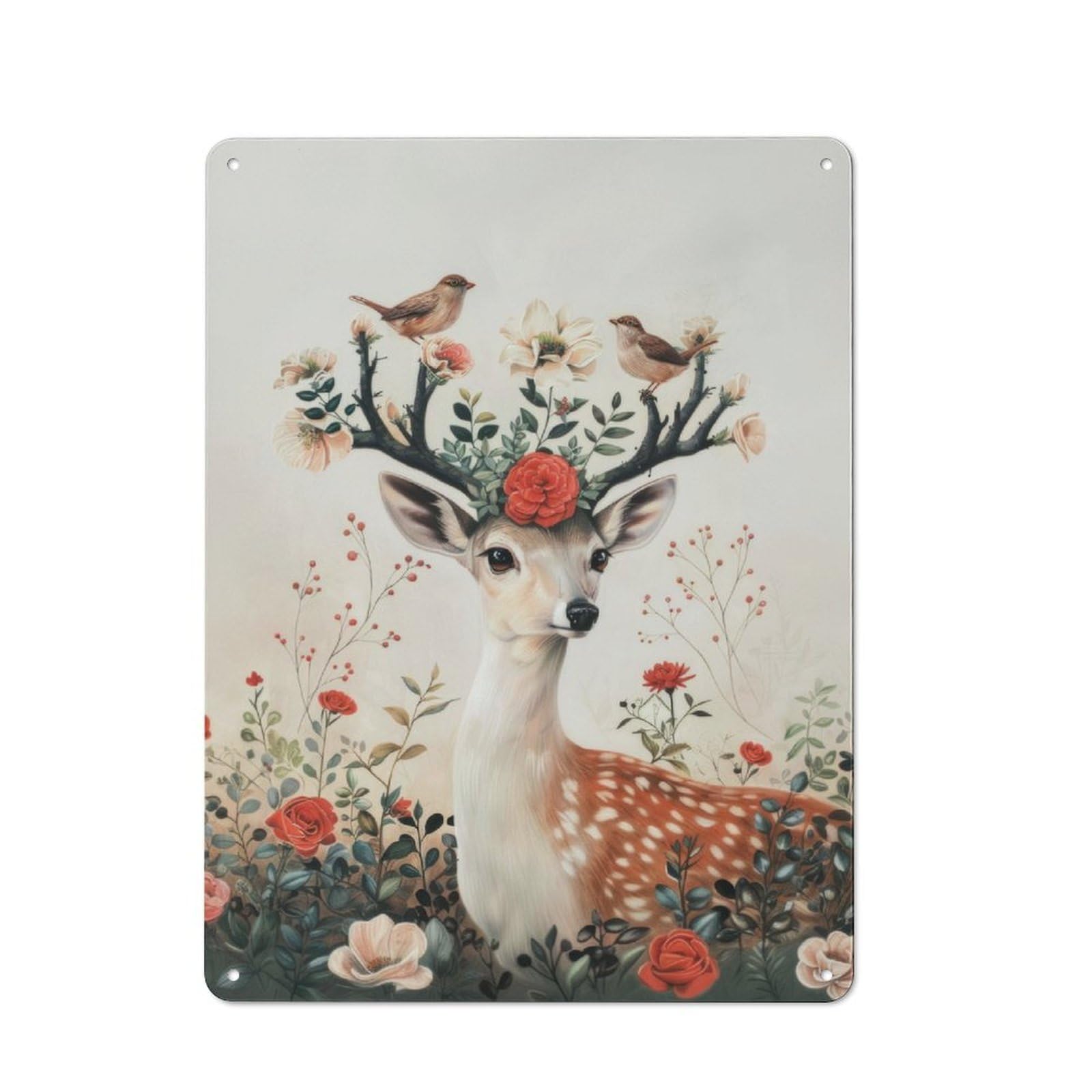 Junmoney Deer With Birds Botanical Vintage Metal Plaque 40X30cm For Café Or Restaurant, A Decorative Gift For A Newly Furnished Café And Restaurant