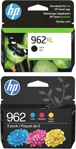 HP 962 Ink Cartridge Bundle – 962XL Black High‑Yield (3JA03AN) + 962 Cyan Magenta Yellow 3‑Pack (3YP00AN) | Works OfficeJet 9012e; OfficeJet Pro 9010, 9015, 9018, 9019, 9020, 9025 Series