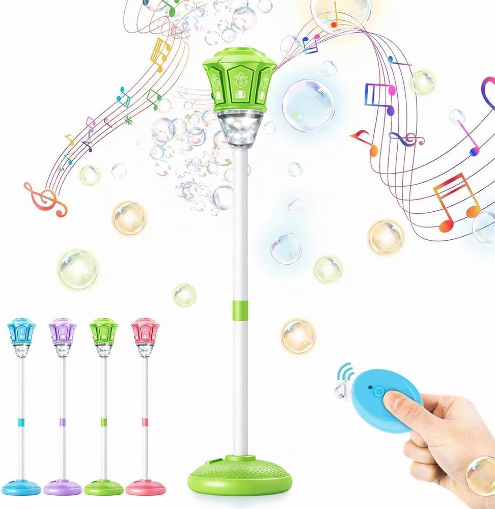 2026 New Automatic Bubble Machine, Standing Bubble Blower with Lights & Music, Adjustable Height Bubble Maker, Bubble Machine for Parties Birthday Wedding Outdoor (Green)