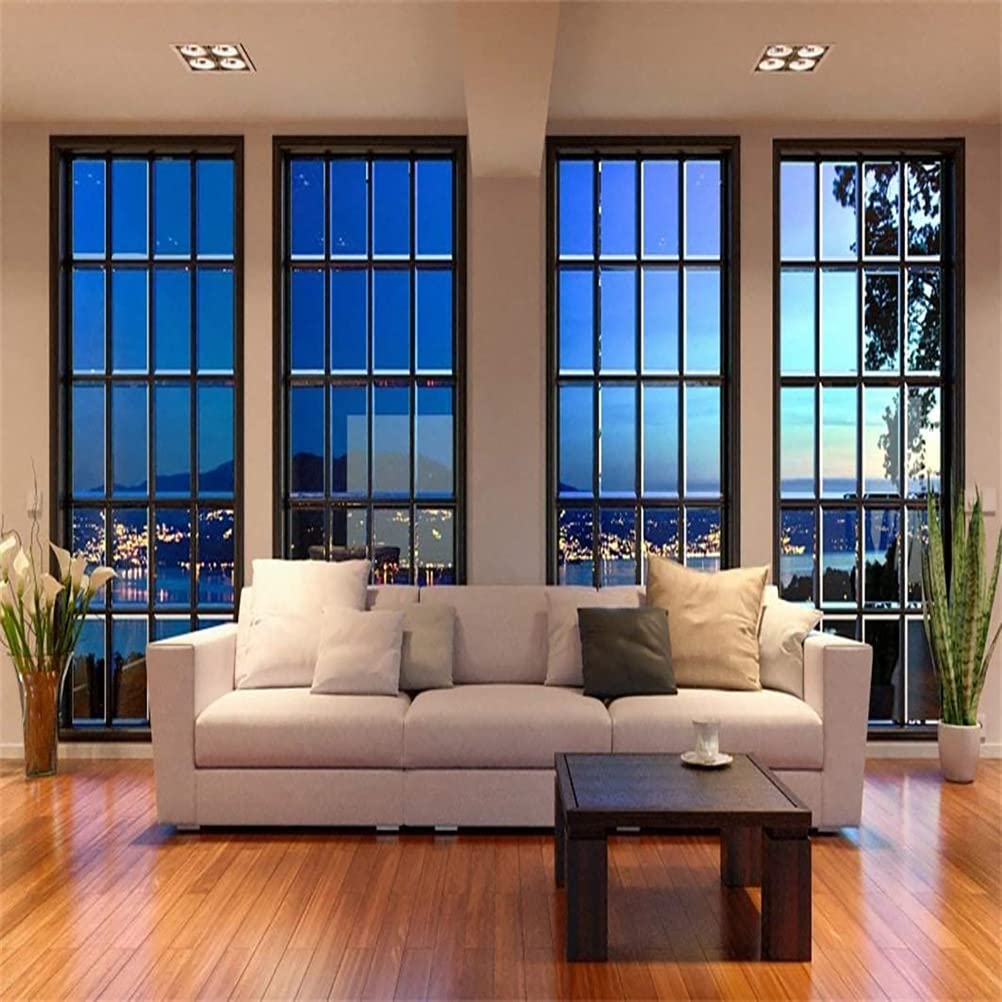 AOFOTO 8x8ft Business Office Window View Backdrop French Sash Modern Living Room Interior Sofa Casement Photography Background Work at Home Nightscape