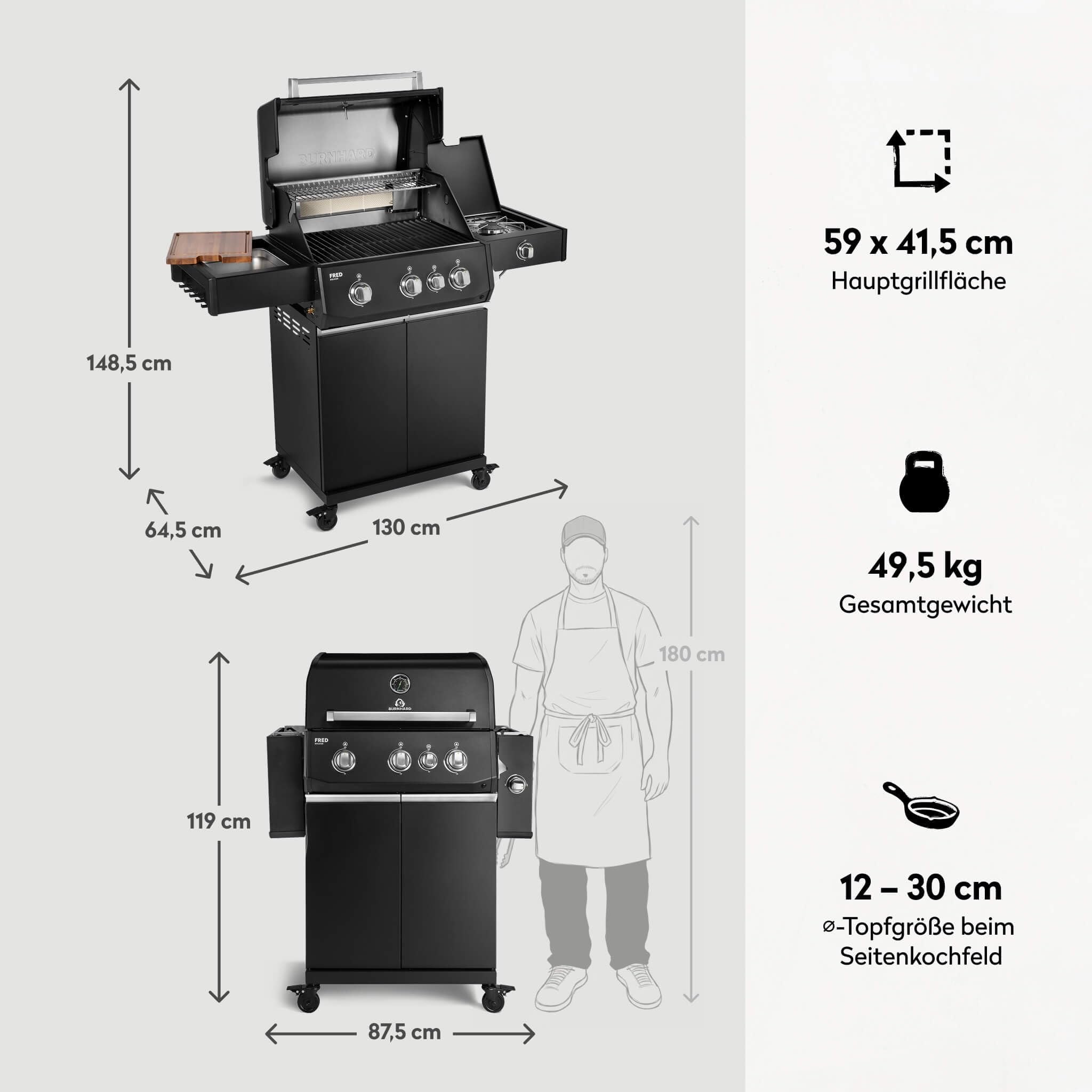 BURNHARD® Gasgrill 3-Brenner 2x Edelstahl-Stabbrenner 3,75 kW, 1x Infrarot-Keramikbrenner 3,75 kW, Gussrost, Piezo-Zündung – FRED Deluxe