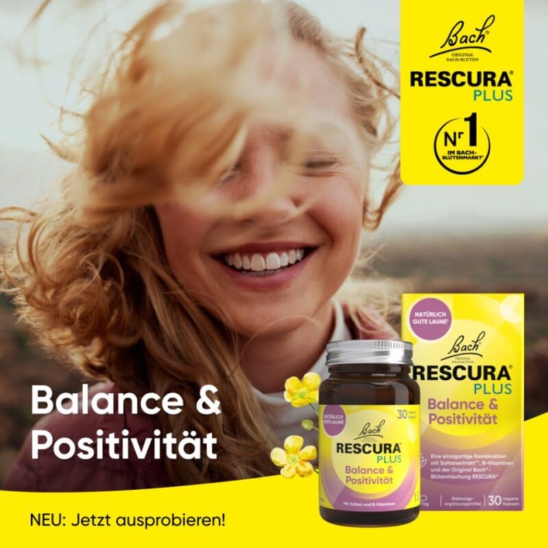 Bachblüten Original Bach RESCURA PLUS Balance & Positivität 30 vegane Kapseln | Bachblütenmischung mit B-Vitaminen und Safran I für natürlich gute Laune I ehemals Rescue