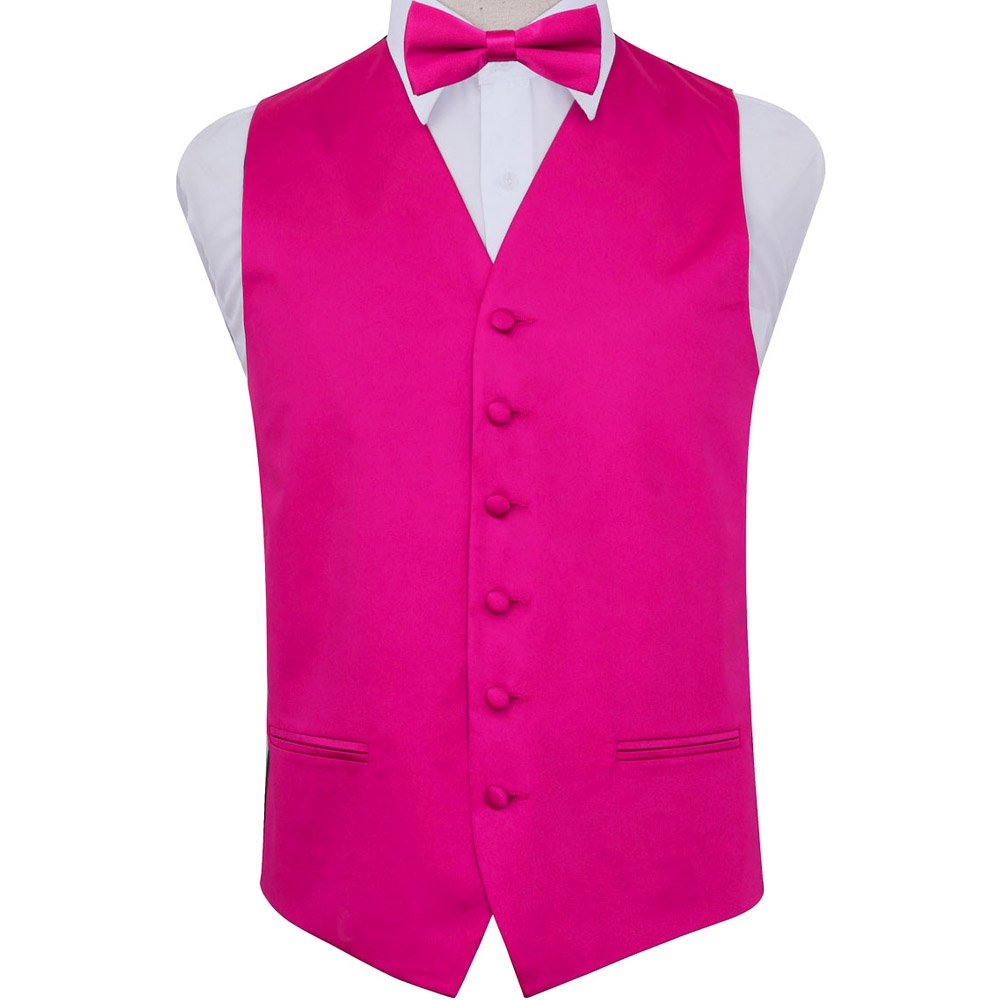 DQT Mens Plain Satin Waistcoat & Pre-Tied Bow Tie Set (2pc) - Wedding, Business & Formal - Hot Pink 48" (4XL)