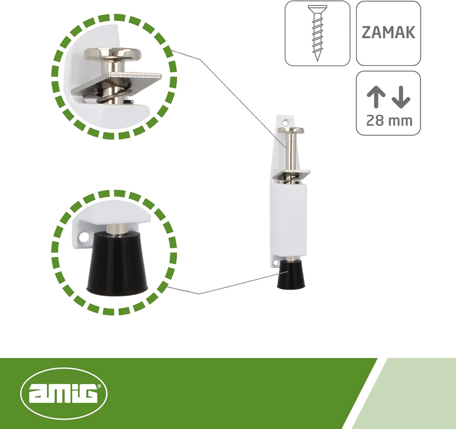 Amig - Rubber Foot Retainer Mod.10 for Holding and Keeping Doors Open | Zamak Vertical Stop | Anti Carrier | Measurements: 120 x 25 mm | Travel: 28 mm | White