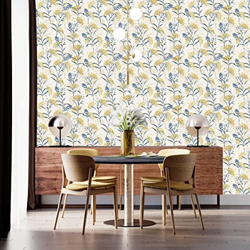 Image of Blue Leaves and Berries on Branches, Wildflower Meadow Wallpaper| Self Adhesive Wallpaper Peel & Stick, Waterproof, Scratch Resistant (41cm x 244cm)