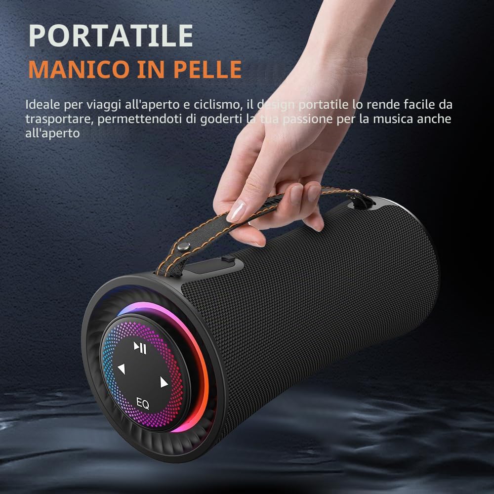 Cassa Bluetooth Portatile, 80W Peak Altoparlante Senza Fili con Bassi Profondi, Suono Stereo 360°, 24 Ore di Autonomia, Maniglia Comoda, Luci Colorate, Associazione Doppia per Casa, Feste, Outdoor
