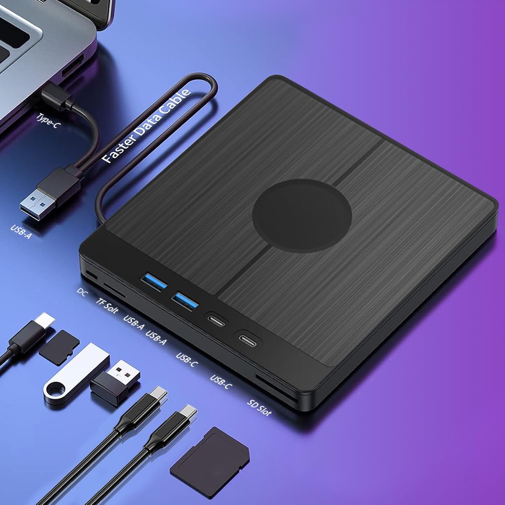 Unidad de CD/DVD Externa portátil con Doble USB/Tipo C, Ranuras SD/TF, Transferencia de Datos de Alta Velocidad para PC
