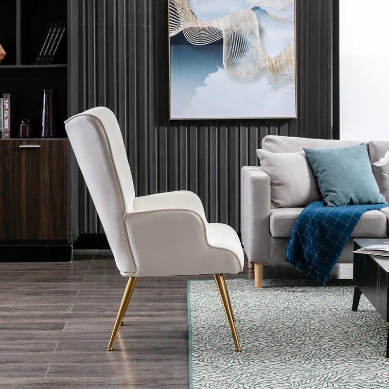 Image of Velvet Wingback Accent Chair for Living Room | Luxury High Back Tufted Armchair with Glossy Metal Legs | Modern Velvet Upholstered Lounge Chair for Home & Office | 1 Pc (White)